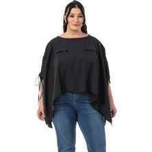 Disentis Modest Büyük Beden Kolu Tünelli ve Büzgü Detaylı Cepli Siyah Panço Bluz