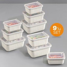 Vienev 9'lu Vip Dikdörtgen Mikrodalga ve Difrize Uygun Saklama Kabı Seti Bej 3X(1750,1050,600 Ml)