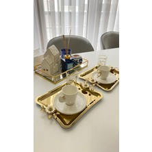 2'Li Kahve & Çay & Sunum Tepsisi Çelik Gold Tepsi Papatya Model