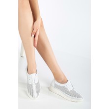Analin Shoes Kadın  Deri Günlük Lazerli Bağcıklı Rahat Ayakkabı - Beyaz