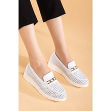 Analin Shoes Kadın  Deri Günlük Lazerli Tokalı Rahat Ayakkabı - Beyaz