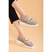 Analin Shoes Kadın  Deri Günlük Lazerli Tokalı Rahat Ayakkabı - Silvergrey