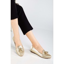 Analin Shoes Kadın  Deri Baskılı Püsküllü Babet - Altın