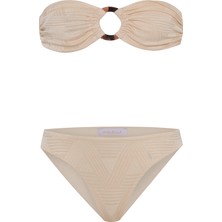 Aquella Aksesuarlı Dokulu Krem Straplez Bikini Takım