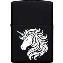 Unicorn Desenli Kişiye Özel Isimli Benzinli Siyah Metal Çakmak