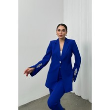 Msm Fashion Saks Mavisi Taş Detaylı Ceket Pantolon Takım