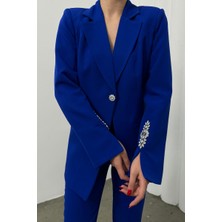 Msm Fashion Saks Mavisi Taş Detaylı Ceket Pantolon Takım