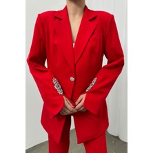 Msm Fashion Kırmızı Taş Detaylı Ceket Pantolon Takım