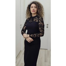 Flok Baskılı Boncuk Işlemeli Elbise 6023-SIYAH
