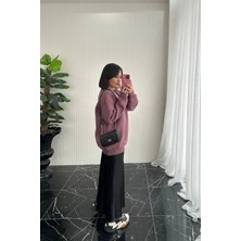 Omzu Dikiş Detaylı Üç Iplik Şardonlu Uzun Oversize Sweatshirt