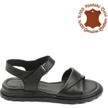 Kadın Siyah Cırt Bantlı Hakiki Deri Sandalet