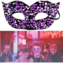 Mor Renk Arkadan Lastikli Pul Payet Işlemeli Balo After Parti Maskesi