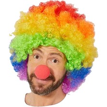 Gökkuşağı Afro Peruk ve Kırmızı Sünger Burun