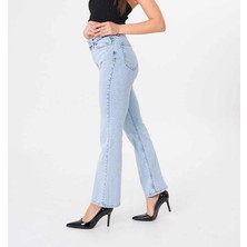 Kadın Kar Yıkama  Mavi Yüksek Bel Flare Jean Ispanyol Paça Kot Pantolon