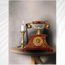Pirinç Işlemeli Ahşap Retro Çevirmeli Masa Üstü Telefon