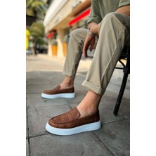 Shoecide SHO421 Bağcıksız Yüksek Taban Bandera Erkek Loafer Ayakkabı Taba