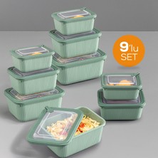 Vienev 9'lu Vip Dikdörtgen Mikrodalga ve Difrize Uygun Saklama Kabı Seti Yeşil 3X(1750,1050,600 Ml)