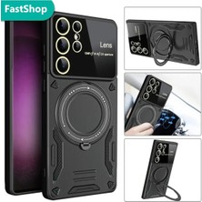 Samsun Galaxy S24 Ultra Uyumlu Kamera Korumalı Dönebilen Magsafe Halka Standlı Tank Kılıf