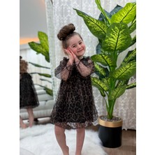 Babymoon Kids Leopar Desenli Kolları Tüllü Astarlı Balon Etek Elbise Bayram,düğün,doğum Günü, Bayramlık