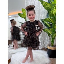 Babymoon Kids Leopar Desenli Kolları Tüllü Astarlı Balon Etek Elbise Bayram,düğün,doğum Günü, Bayramlık