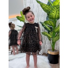 Babymoon Kids Leopar Desenli Kolları Tüllü Astarlı Balon Etek Elbise Bayram,düğün,doğum Günü, Bayramlık