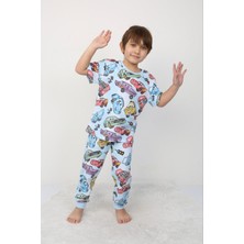 Isob Mavi Araba Desenli %100 Pamuk Erkek Çocuk Kısa Kollu Pijama Takımı 3-8 Yaş 41315-M