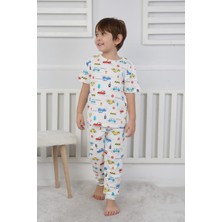 Depobu Kids Trafik Desenli Beyaz  Pamuk Kısa Kollu Erkek Pijama Takımı (3,4,5,6,7,8 Yaş)