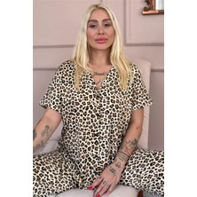 Kahve Leo Desenli Bambu Önden Düğmeli Kısa Kol Pijama Takımı