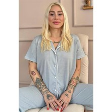 Gri Sofistic Önden Düğmeli Kısa Kol Kadın Pijama Takımı