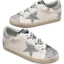 Globalux Golden Goose Super-Star White-Silver Leather And Coarse glitter Women's Shoes-Kadın Sneakers ayakkabı