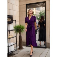 Defy Moda Kadın Kruvaze Yaka Midi Boy Kuşaklı Krep Elbise 120 cm