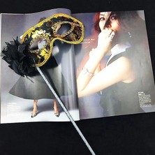 Lüks Taşlı Saplı Maskeli Balo Maskesi Siyah Renk 35  cm