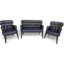 Lavita Siyah Deri Ahşap Ayaklı Ofis Koltuk Takımı Büro Koltuk ve Kanepeleri Deri Ofis Büro Mobilyası