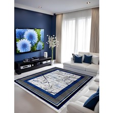 Premium Kalite Dijital Baskı Çerçeve Detaylı Kaymaz Taban Salon Koridor Mutfak Halısı Ck 834 Lacivert