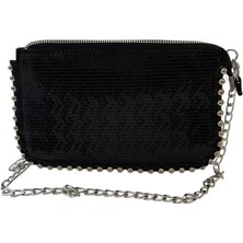 Metal Boncuklu Şık Kadın Clutch Çapraz Zinci Askılı Çanta - Siyah