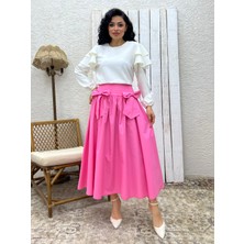 Pembe Fiyonklu Poplin Etek