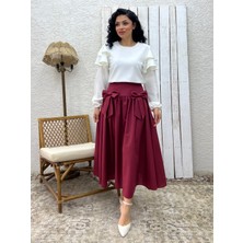 Bordo Fiyonklu Poplin Etek
