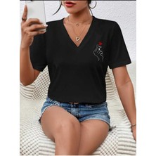 Woodroffe Kadın / Kız V Yaka El/kalp Baskılı Oversize T-Shirt Salaş Boyfirend