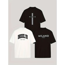 3 Lü Paket Baskılı Beyaz Siyah T-Shirt Oversize Salaş Ünisex