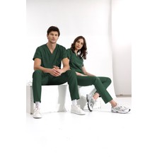 Çizgi Medikal Avcı Yeşili Lüks Likralı Greys Alt Üst Takım Doktor Hemşire Scrubs Üniforma