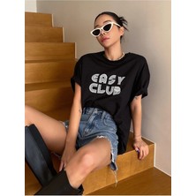 Woodroffe Kadın / Kız Siyah Oversize T-Shirt Easy Club Baskılı