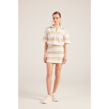 Holly Lolly Polo Yaka Çizgili Mini Pamela Elbise Bej