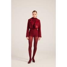 Yakası Saten Detaylı Camila Crop Blazer Ceket Bordo