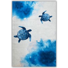 The Reef Design Deniz Kaplumbağası Desenli Dokuma Kaymaz Tabanlı Dijital Baskılı Kablumbağalı Halı