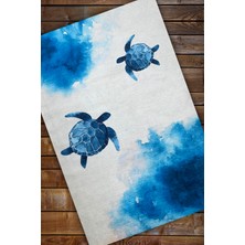 The Reef Design Deniz Kaplumbağası Desenli Dokuma Kaymaz Tabanlı Dijital Baskılı Kablumbağalı Halı