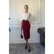 Yırtmaçlı Kumaş Etek- Bordo