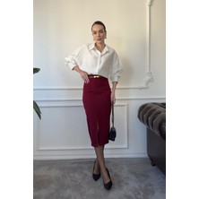 Yırtmaçlı Kumaş Etek- Bordo