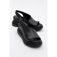 Luvi Agusto Siyah Cilt  Deri Kadın Dolgu Topuk Sandalet