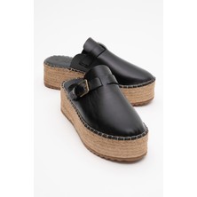 Luvi Novas Siyah Cilt  Deri Burnu Kapalı Hasır Dolgu Taban Terlik