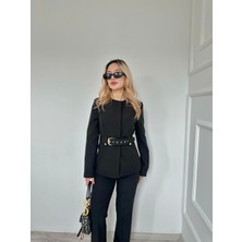 Key Moda Kadın Gold Kemerli Ceket Pantolon Takım Siyah